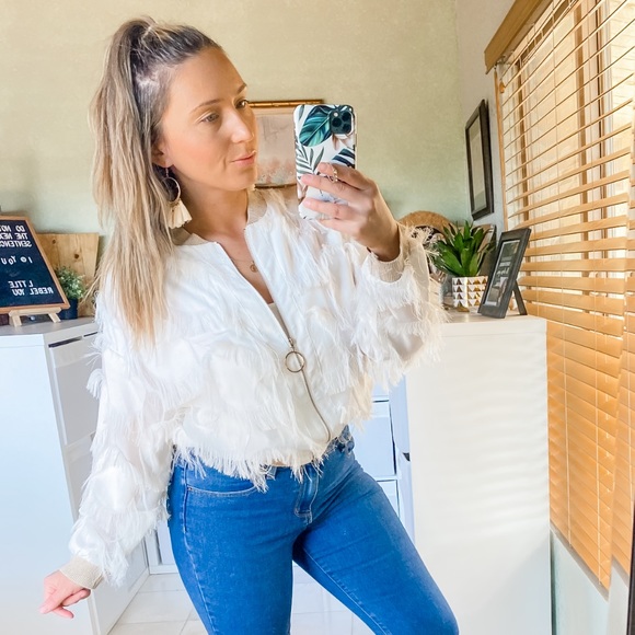 Li Jin Xui Jackets & Blazers - Li Jin Xiu Sheer Fringe Zip-up Bomber Jacket Cream